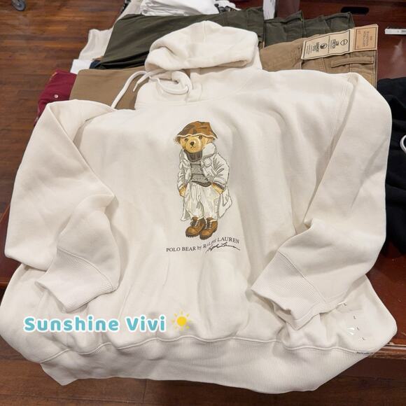 NWT Ralph Lauren Long Sleeve Women Polo Bear Fleece hoddie Pebble White medium